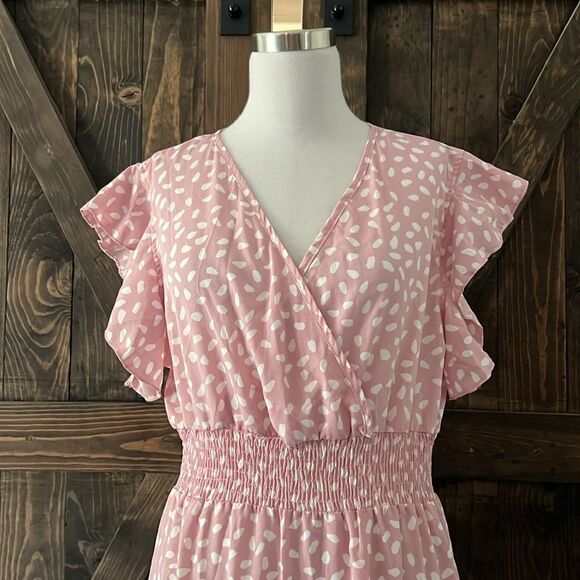 New Allover Print Ruffle Trim Shirred Waist Boho Dress - Picture 4 of 10